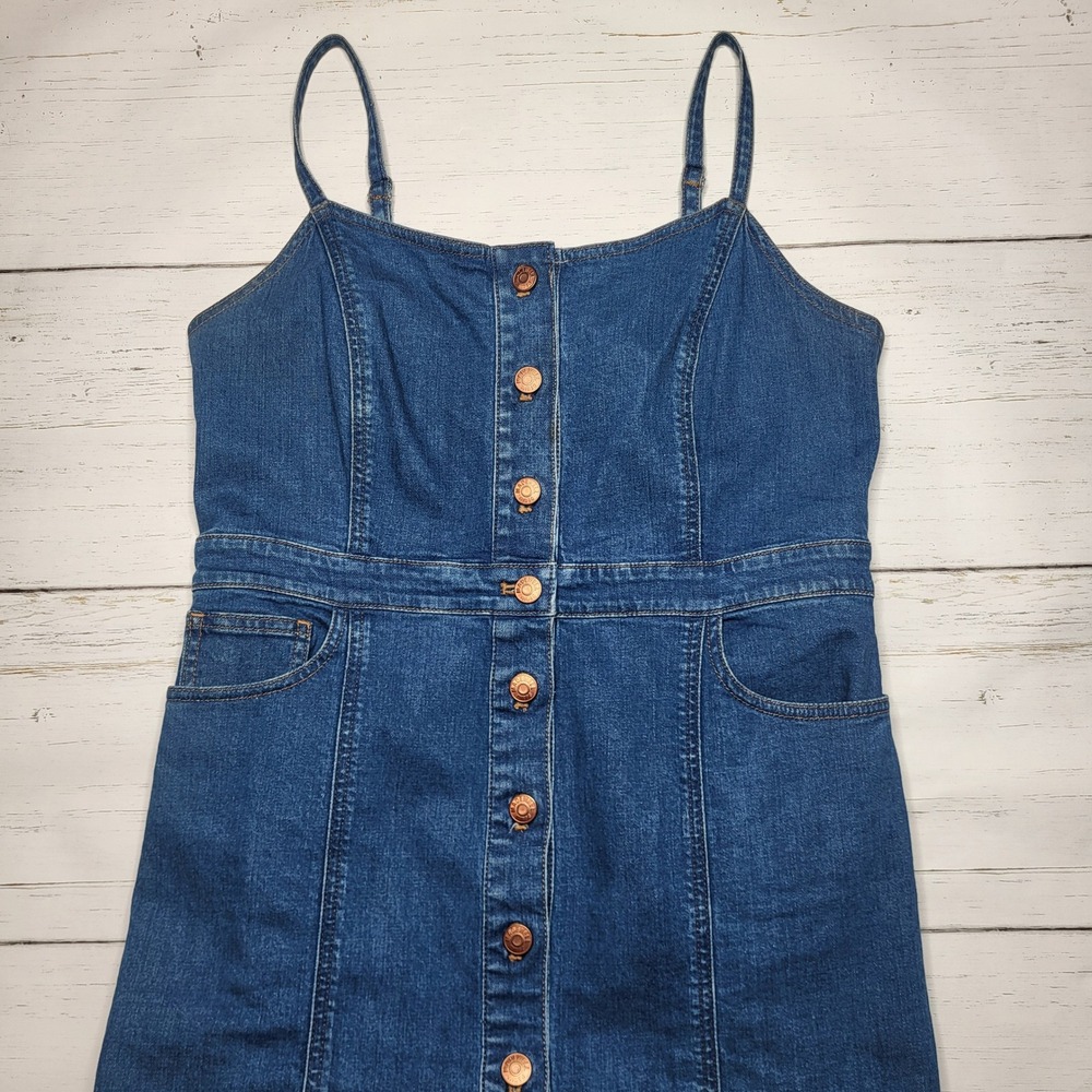 Madewell Bayview Tiered Denim Midi Dress Blue Button Front Medium Wash Jean 10 - Picture 4 of 7